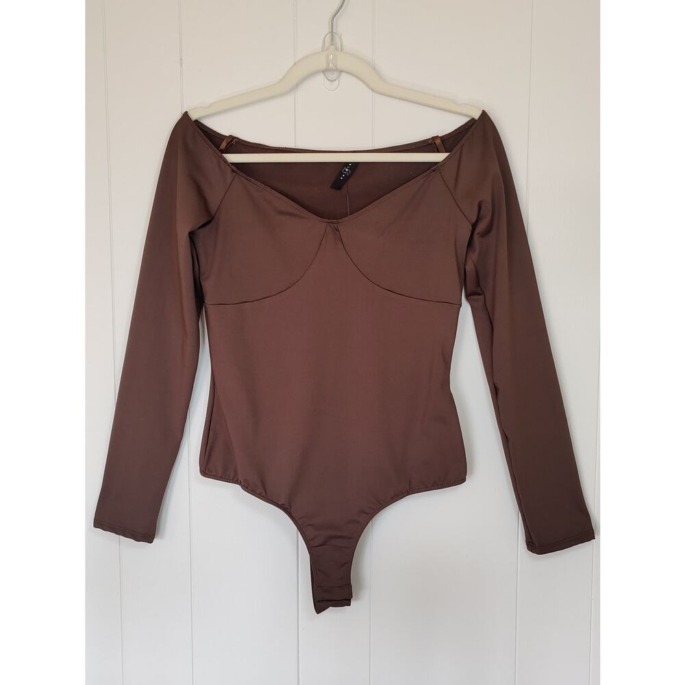 NWT Y2K Off Shoulder Chocolate Brown Bodysuit L Long Sleeve Thong Fitted Bust